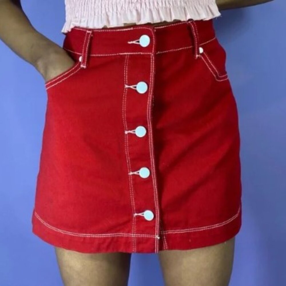 Forever 21 Womens Small Red Denim Mini‎ Skirt Button-Front